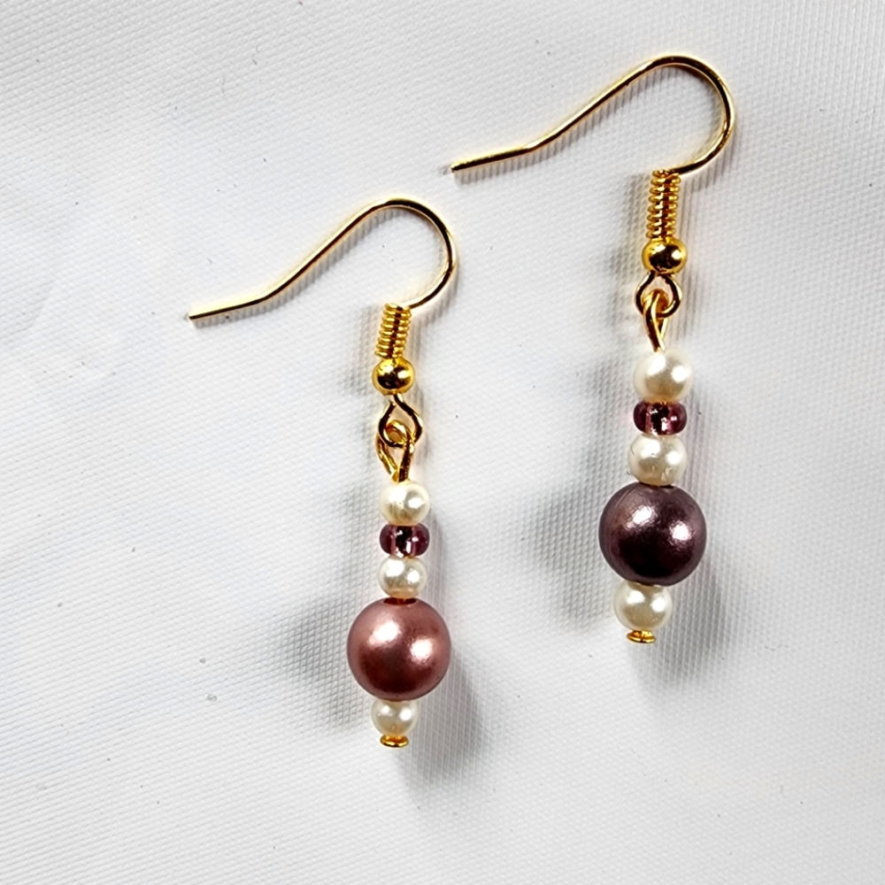 Handmade White & Burgundy Pearl Gold Dangle Drop Earrings NWT
